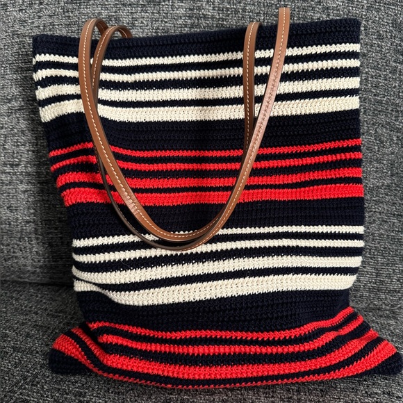 Miu Miu Red Navy White Striped Crochet Knit Tote Bag - Picture 2 of 11
